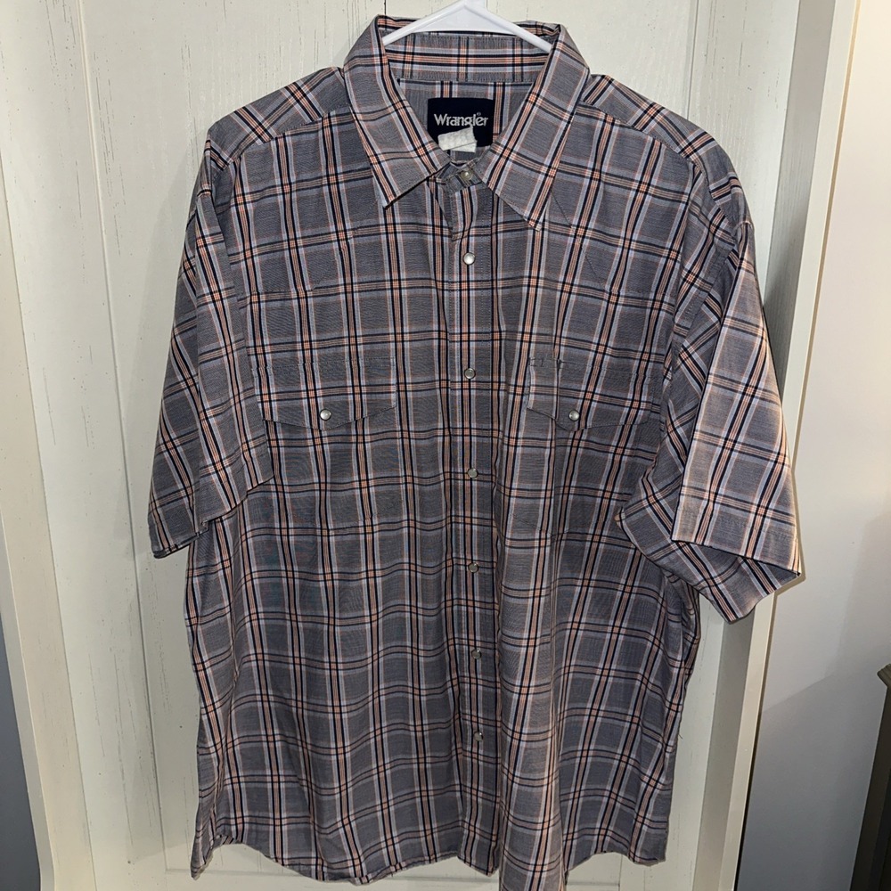 WRANGLER SHIRT‎ MENS PLAID PEARL SNAP WESTERN COWBOY VINTAGE Orange Navy - Picture 2 of 4